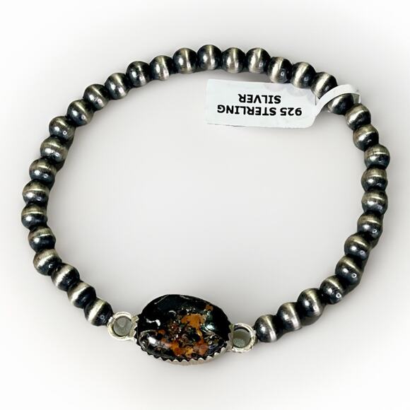 Native American Sterling Silver Pearl & Black Jack Turquoise Navajo Bracelet 7.5 - Picture 1 of 10